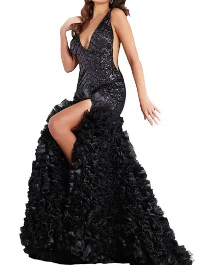 Jovani Beaded Fit And Flare Gown In Black