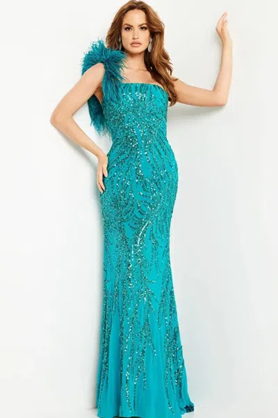 Jovani Beaded Jersey One Shoulder Gown In Blue