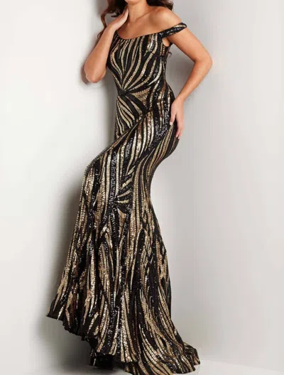 Jovani Beaded Mermaid Dress In Black/gold