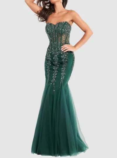 Jovani Beaded Mermaid Dress In Emerald In Green