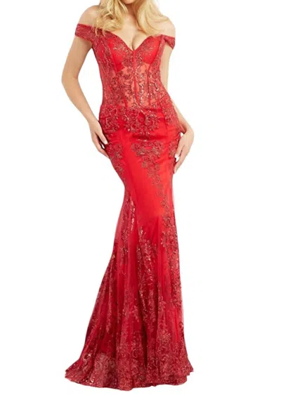 Jovani Beaded Off Shoulder Embellished Mermaid Gown In Red