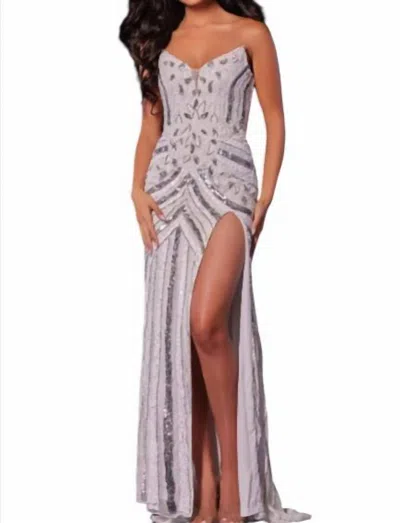 Jovani Beaded Print Strapless Slit Gown In White