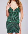 Jovani Beaded Slit Cocktail Dress In Green
