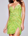 Jovani Beaded Slit Cocktail Dress In Lime