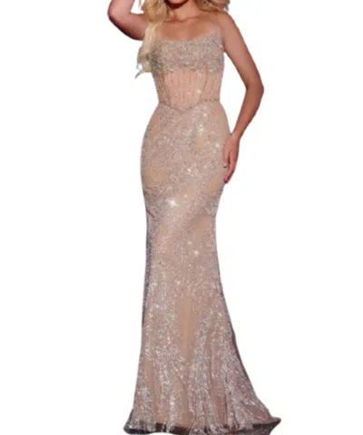 Jovani Beaded Spaghetti Straps Gown In Champagne In Pink