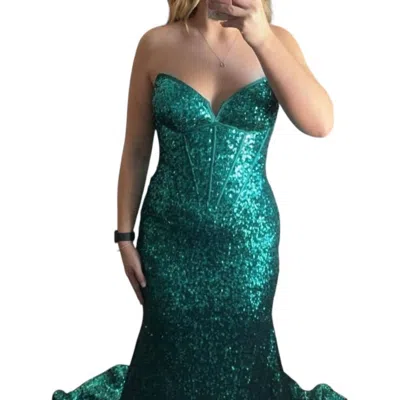 Jovani Beaded Strapless Evening Wear Gown In Emerald In Green