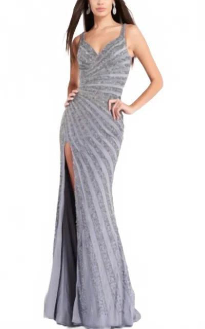 Jovani 04539 Beaded Long Slit Formal Prom Dress In Gray