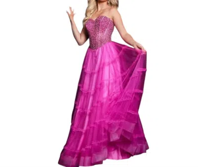 Jovani Beaded Tulle Off Shoulder Gown In Pink