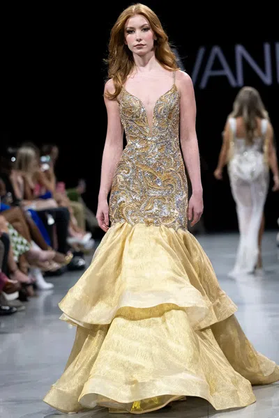 Jovani Beaded V-neck Gown In Multi