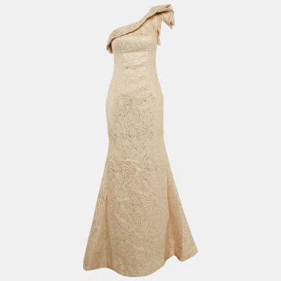 Pre-owned Jovani Beige Lurex Jacquard Ruffled One-shoulder Gown S In Cream