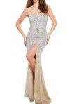 Jovani Bejeweled High Slit Prom Dress In Silver/white In Multi