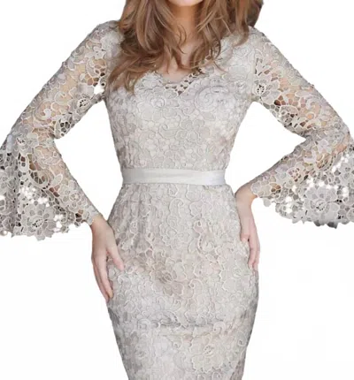 Jovani Bell Sleeve Lace Evening Dress In Beige In Gray