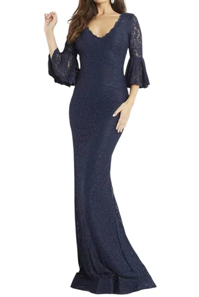 Jovani Bell Sleeves Beaded Lace Dress In Navy/nude In Multi