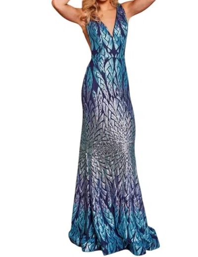 Jovani Blue Multi Sleeveless V Neck Prom Dress