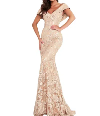 Jovani Brocade Off The Shoulder Gown In Gold
