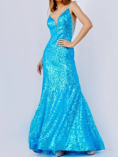 Jovani Bubble Sequin Gown/illusion Back Dress In Iridescent Blue