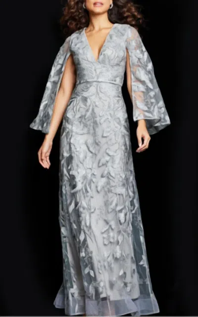 Jovani Cap Sleeve Embroidered Gown In Silver In Gray