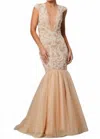 Jovani Cap Sleeve Mermaid Gown In Nude In Beige