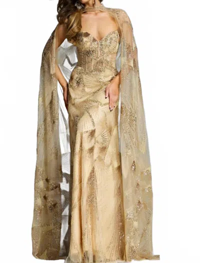 Jovani Cape Sleeve Embellished Dress In Gold In Brown