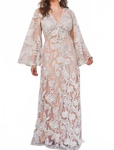 Jovani Cape Sleeve Lace Dress In Champagne In White