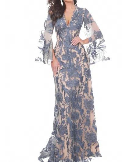 Jovani Cape Sleeve Lace Dress In Navy/nude In Brown