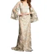 Jovani Cape Sleeve Lace Sheath Gown In Champagne In Beige