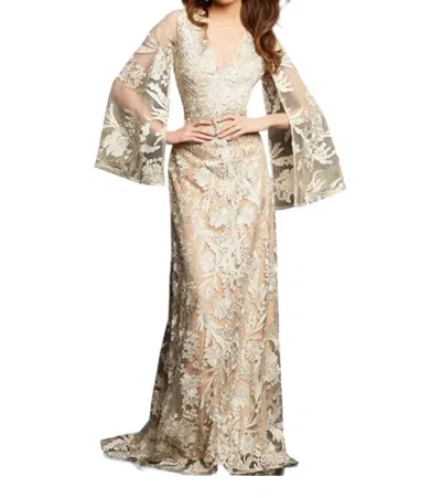 Jovani Cape Sleeve Lace Sheath Gown In Champagne In White