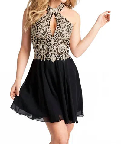 Jovani Chiffon Embroidered High Neck Dress In Black