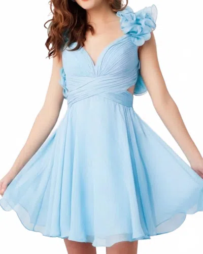 Jovani Chiffon Ruffle Shoulders V-neck Short Dress In Light Blue
