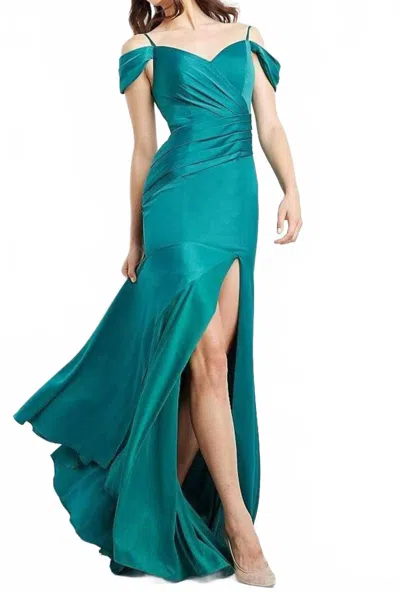 Jovani Cold Shoulder Pleated Bodice High Slit Long Dress In Emerald In Multi