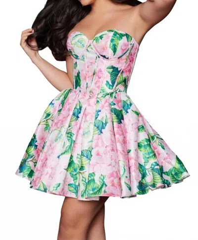 Jovani Corset Lace Up Floral Short Dress In Print In Multi