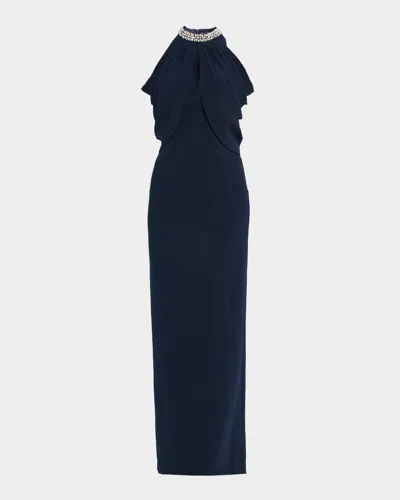 Jovani Crystal-embellished Collar Draped Gown In Blue