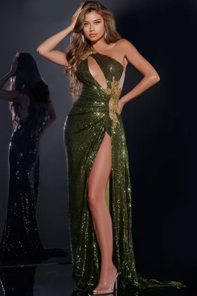 Jovani D5001 Fitted Long Formal Sequin Prom Dress In Green