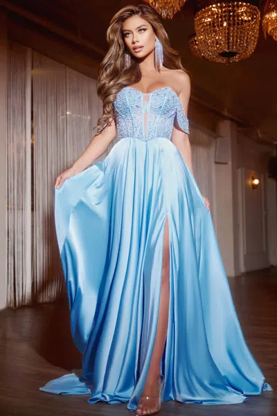 Jovani D6022 Beaded A Line Long Formal Corset Prom Dress In Blue