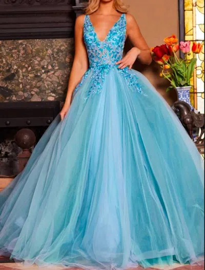 Jovani Deep V-neck Beaded Ballgown In Blue