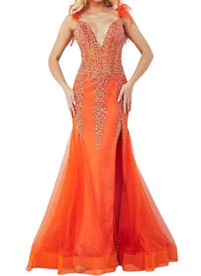Jovani Deep V-neck Embellished Mermaid Dress In Orange