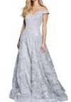 Jovani Diaphanous Off-the-shoulder Gown In Silver In Blue