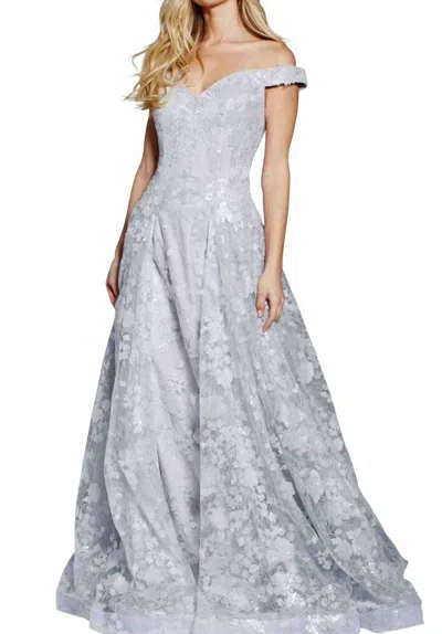 Jovani Diaphanous Off-the-shoulder Gown In Silver In Blue