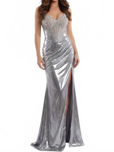 Jovani Elegant Gown With Beaded Bustier And Thigh-high Slit In Silver In Blue