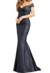 Jovani Elegant Off The Shoulder Gown In Navy In Blue