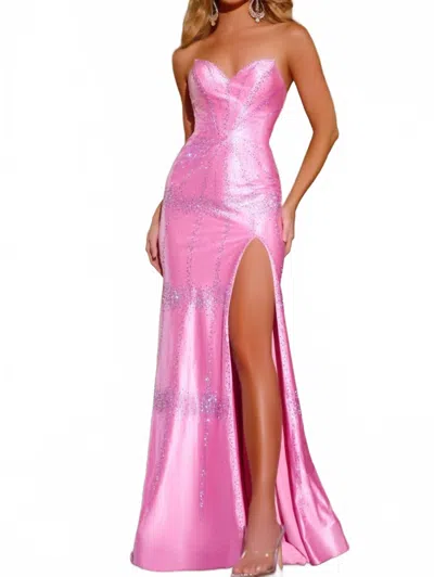 Jovani Elegant Strapless Gown With Beaded Embellishments And Side Slit In Pink
