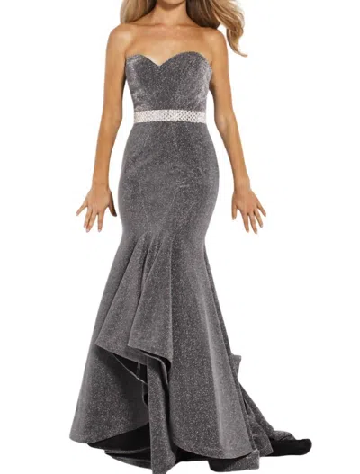 Jovani Embellished Belt Strapless Mermaid Glitter Dress In Grey In Gray