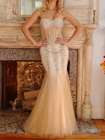Jovani Embellished Corset Bodice Prom Dress In Silver/nude In Gold