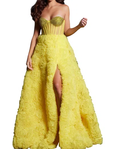 Jovani Embellished Illusion Bodice A-line Gown In Yellow