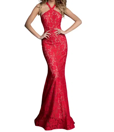 Jovani Embellished Lace Fitted High Neck Prom Dress In Red/nude In Multi