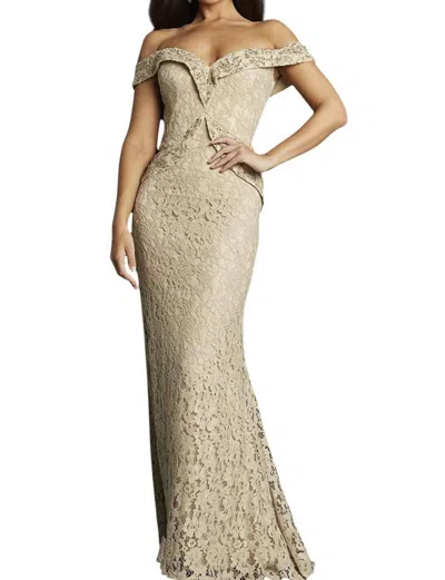 Jovani Embellished Lace Off Shoulder Sheath Dress In Cafe In Multi
