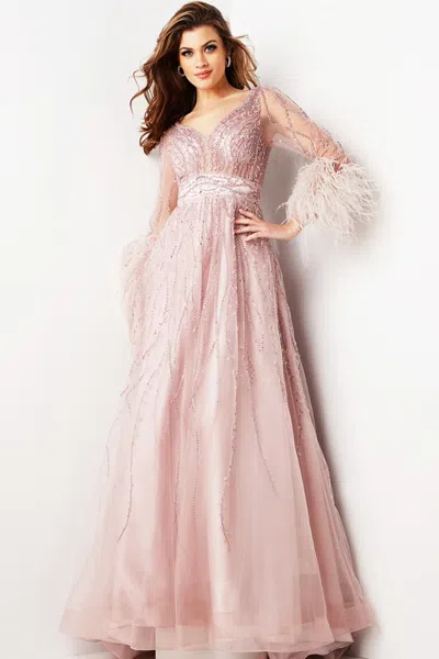Jovani Embellished Long Sleeve Maxi Gown In Pink