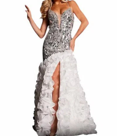 Jovani Embellished Ruffled Cut Glass Gown In Ivory In Multi