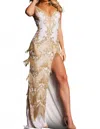 Jovani Embellished V Neckline Dress In White/gold In Multi