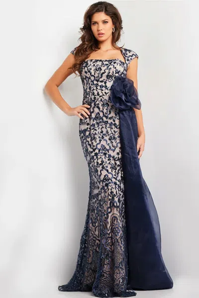 Jovani Embroidered Cap Sleeves Gown In Blue